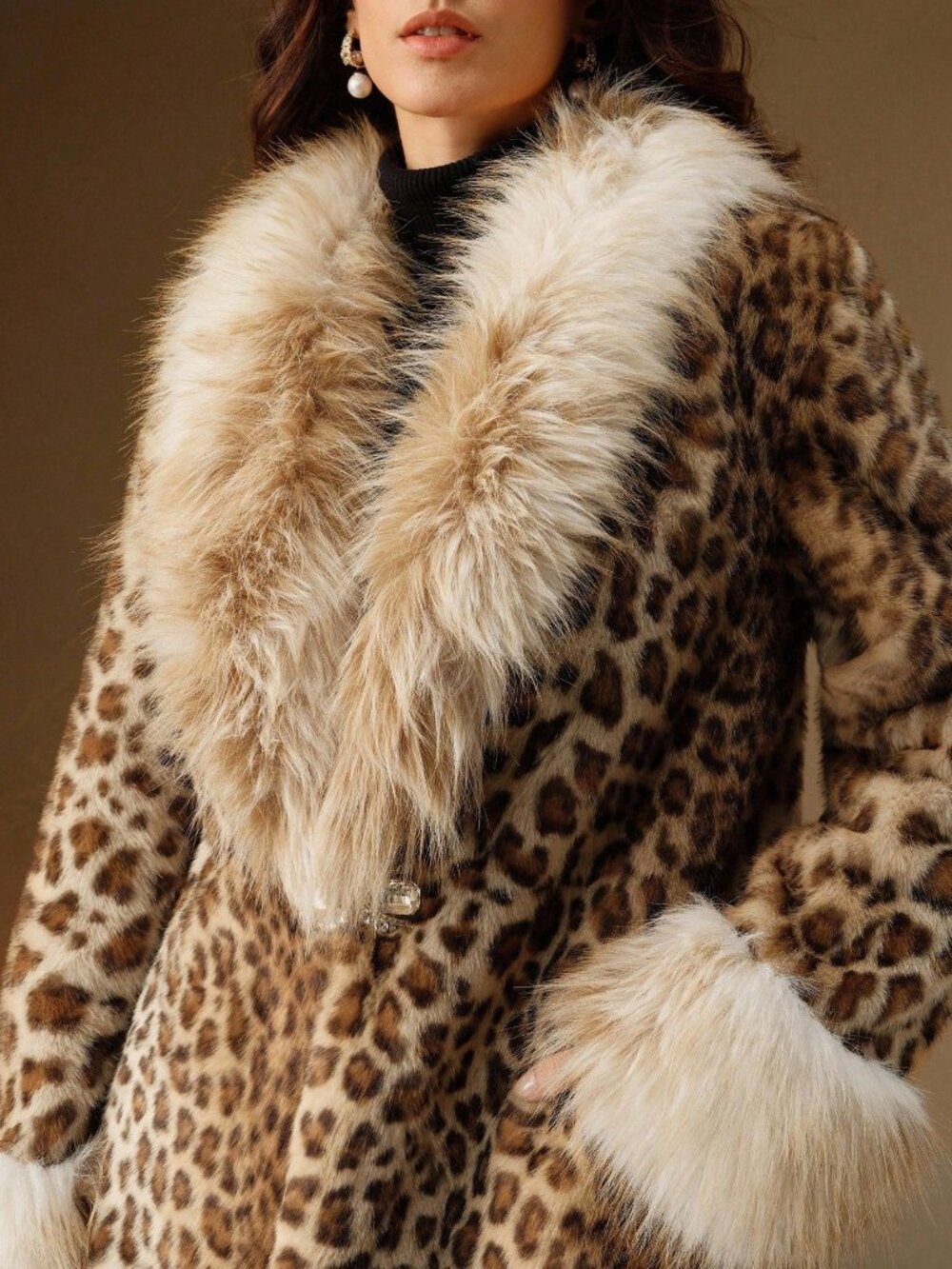 Brown Casual Women's Leopard Pattern Fluffy Fuzzy Coat - Picture 7 of 8